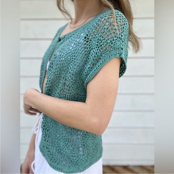 Y2K Teal Crochet Short Sleeve Cardigan Coverup Button Closure - Picture 4 of 7